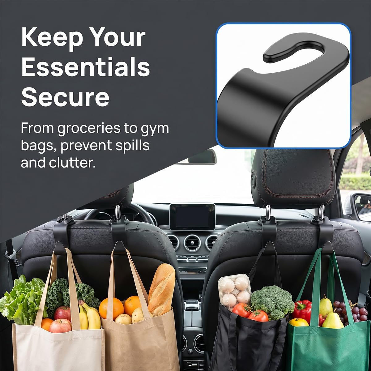 4PCS Car Seat Headrest Hooks for Bags, Coats, Glossy Black