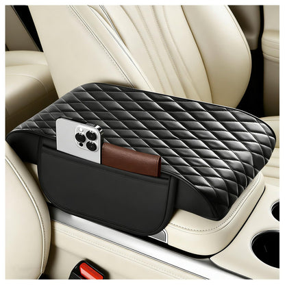 5-in-1 Car Center Console Cover,Leather Car Armrest Cover with Cup Holder/Storage Pocket/Phone Holder/Cars Tissue Holders,Thickened Cars Armrest Storage Box for Relieving Elbow Fatigue (Black)