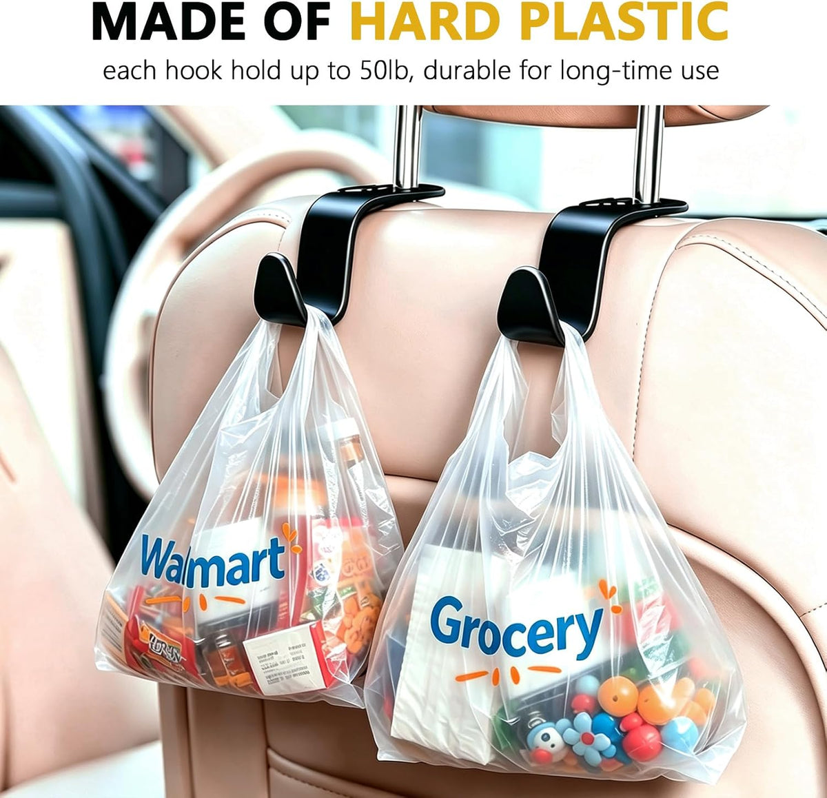 4 Pack Car Back Seat Headrest Hook Hanger for Purse Grocery Bag Handbag Hat, Purse Hook for Car with Clip