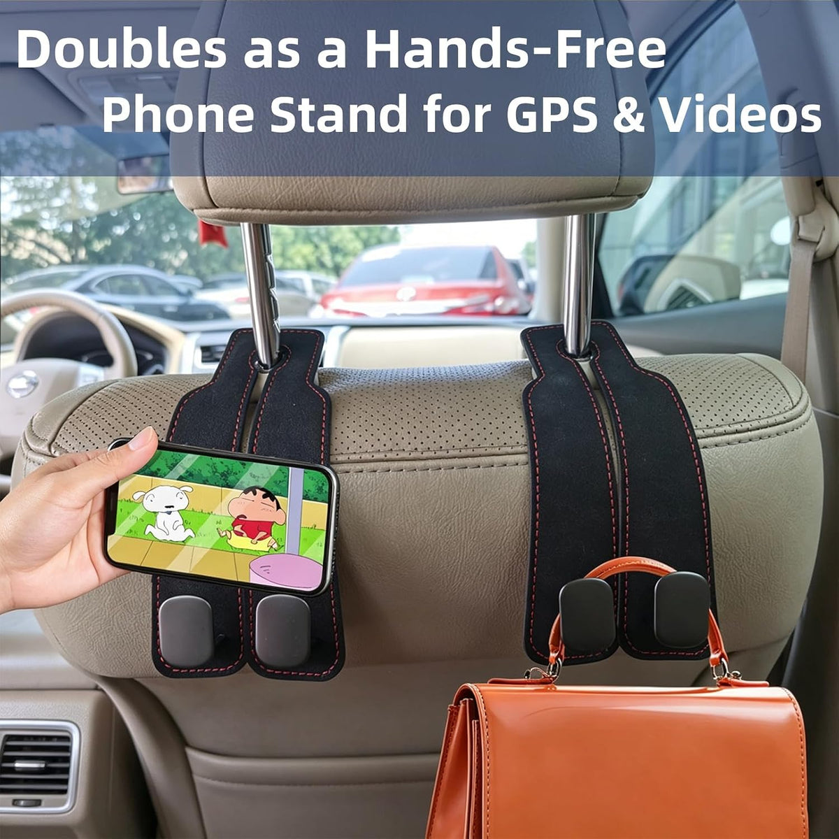 GoldenLife Headrest Hooks for Car, 2 Pack Premium Car Bag Hooks | Secure Heavy-Duty, Elegant & Universal Fit Car Hooks for Purses Handbags Grocery & Backpacks (Black)