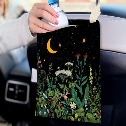IRADA Car Trash Bag Hanging No Snap Small Garbage Bag for Car Back Seat Cute Printed One-Handed Strap Trash Bags Car Accessories-Wildflowers-Black Car Trash Bags