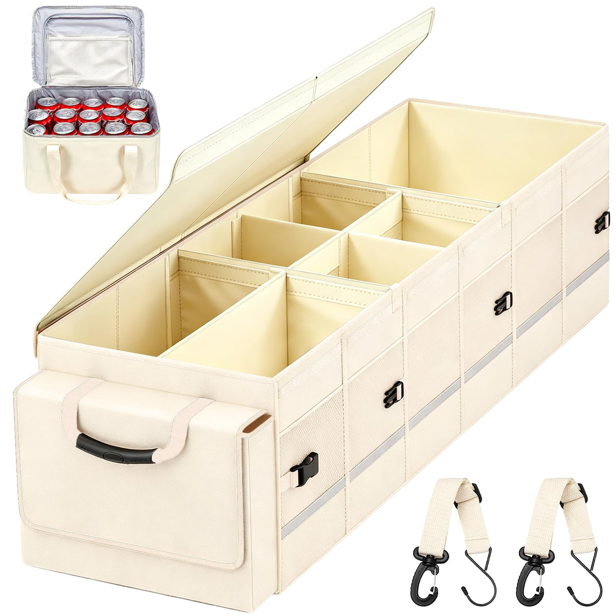 Car Trunk Organizer and Storage with Lid & Removable Leakproof Cooler Bag, Car Accessories 6 Removable Dividers for Custom Space, Collapsible Large Trunk Organizers Interior for SUV Sendan with Cover