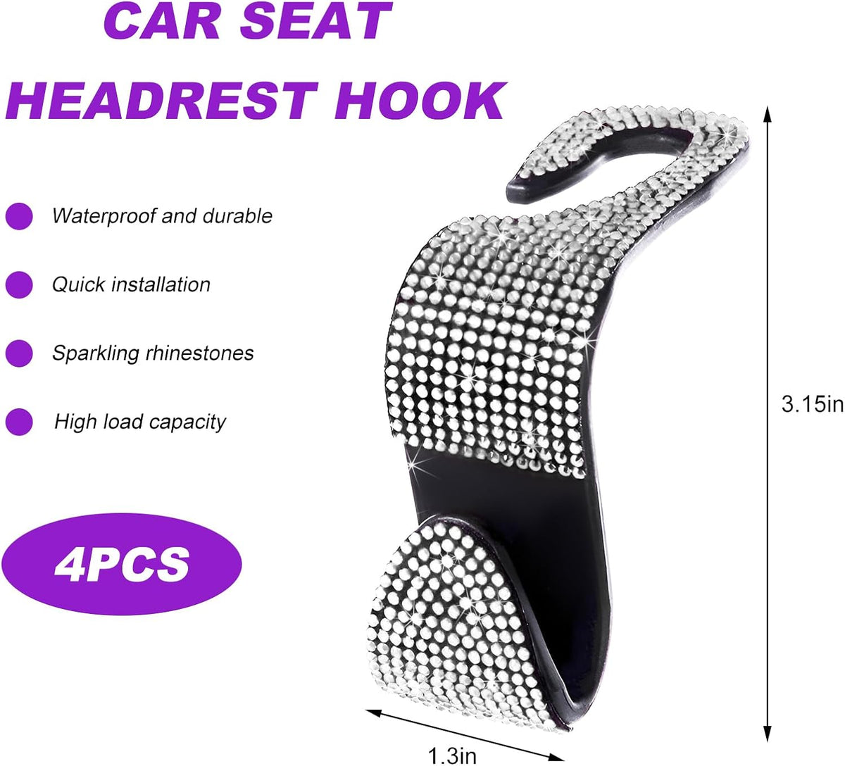4 PCS Car Seat Headrest Hook, Crystal Rhinestone Seat Hanger Auto Interior Purse Holder, Bling Vehicle Backseat Hangers for Grocery Bags Handbags Coats, Car Accessories (Silver)