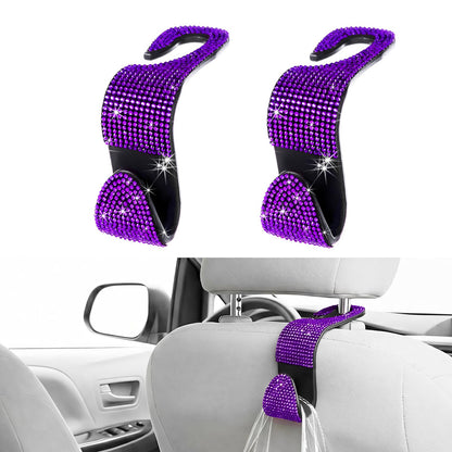 4 PCS Car Seat Headrest Hook, Crystal Rhinestone Seat Hanger Auto Interior Purse Holder, Bling Vehicle Backseat Hangers for Grocery Bags Handbags Coats, Car Accessories (Silver)