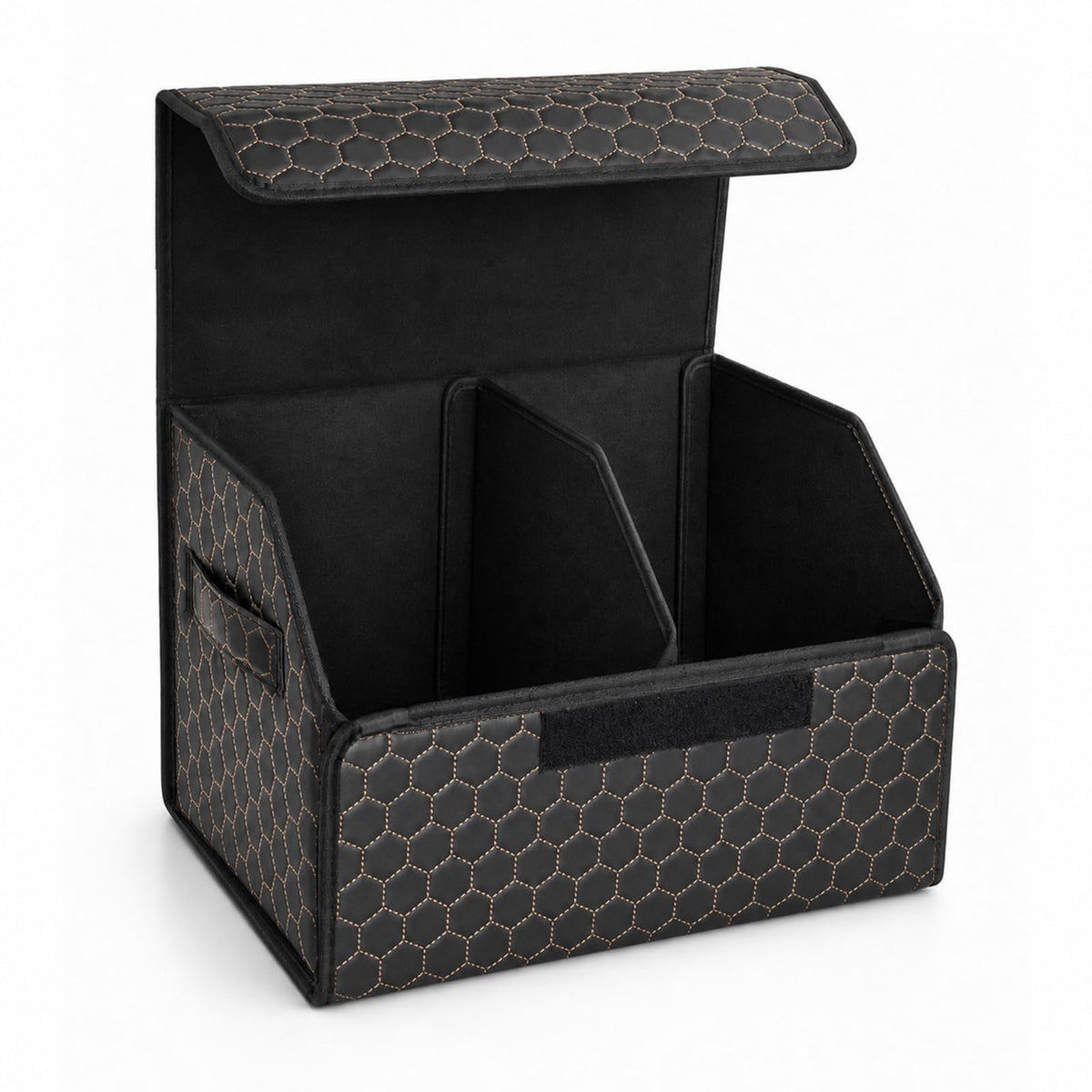 Leather Car Trunk Organizer with Lid,45L Foldable Storage Box for Universal Cars, SUVs, Sedans and MPVs, Removable Divider, Carry Handles, Black