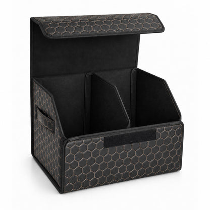 Leather Car Trunk Organizer with Lid,45L Foldable Storage Box for Universal Cars, SUVs, Sedans and MPVs, Removable Divider, Carry Handles, Black