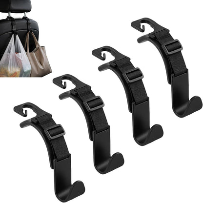 4 Pack Headrest Hooks for Car, Adjustable Purse Hook, 110 LBS Heavy Duty, Vehicle Seat Back Organizer for Purses, Bags, Handbags, Easy Install ﻿(Black)