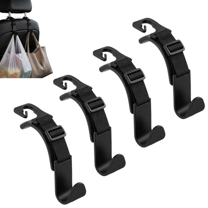 4 Pack Headrest Hooks for Car, Adjustable Purse Hook, 110 LBS Heavy Duty, Vehicle Seat Back Organizer for Purses, Bags, Handbags, Easy Install ﻿(Black)