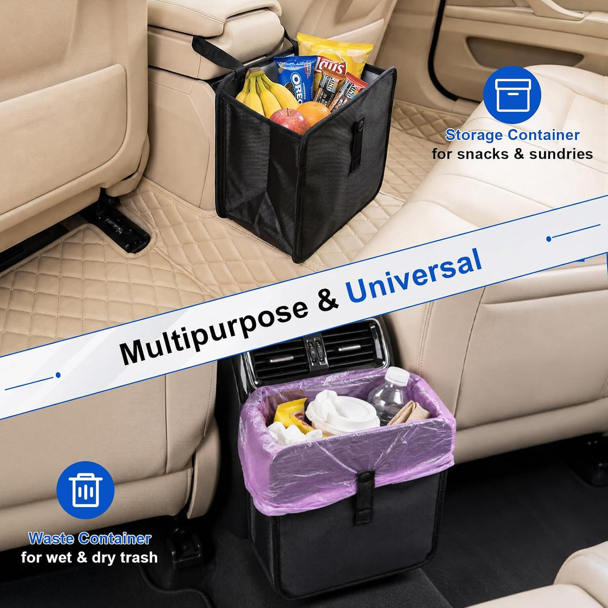 Car Trash Can, Foldable Hanging Car Trash Bag, 2 Gallon Leakproof Waterproof Auto Garbage Bag with Liner, Collapsible Car Interior Accessories Essentials for SUV Truck RV, Black
