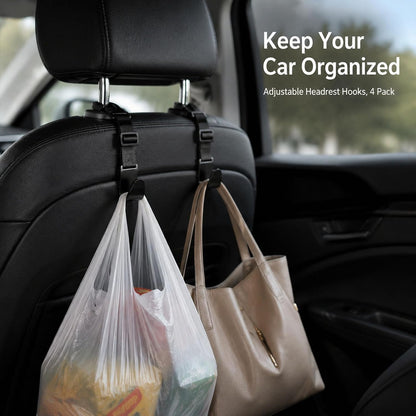 4 Pack Headrest Hooks for Car, Adjustable Purse Hook, 110 LBS Heavy Duty, Vehicle Seat Back Organizer for Purses, Bags, Handbags, Easy Install ﻿(Black)