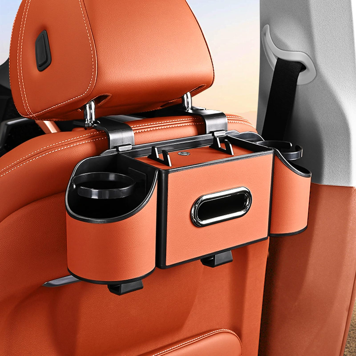 Back Seat Car Organizer,4 in 1 Multifunctional Car Back Seat Storage Box with Drink Cup Holder Tissue Box, for Hold Phone,Snacks, Drinks, Handbag