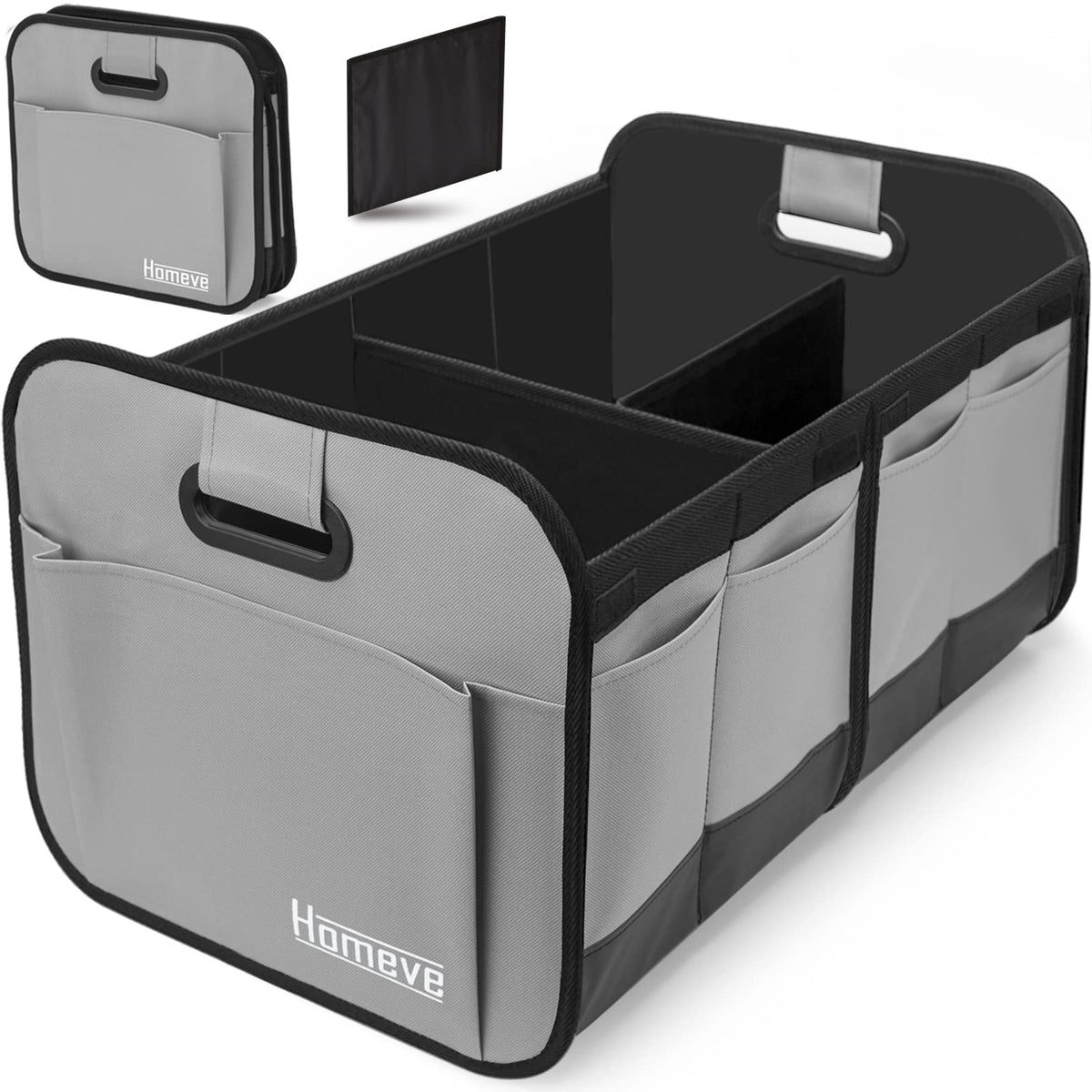 Homeve Car Trunk Organizer for SUV, 18.5Gal Large Capacity No-Sag Heavy Duty, Foldable Waterproof Anti-Slip Storage with 12 Pockets, Fit Sedan,Truck, Universal Car Accessories, Black, Large, 2 Compart