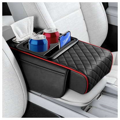 5-in-1 Car Center Console Cover,Leather Car Armrest Cover with Cup Holder/Storage Pocket/Phone Holder/Cars Tissue Holders,Thickened Cars Armrest Storage Box for Relieving Elbow Fatigue (Black)