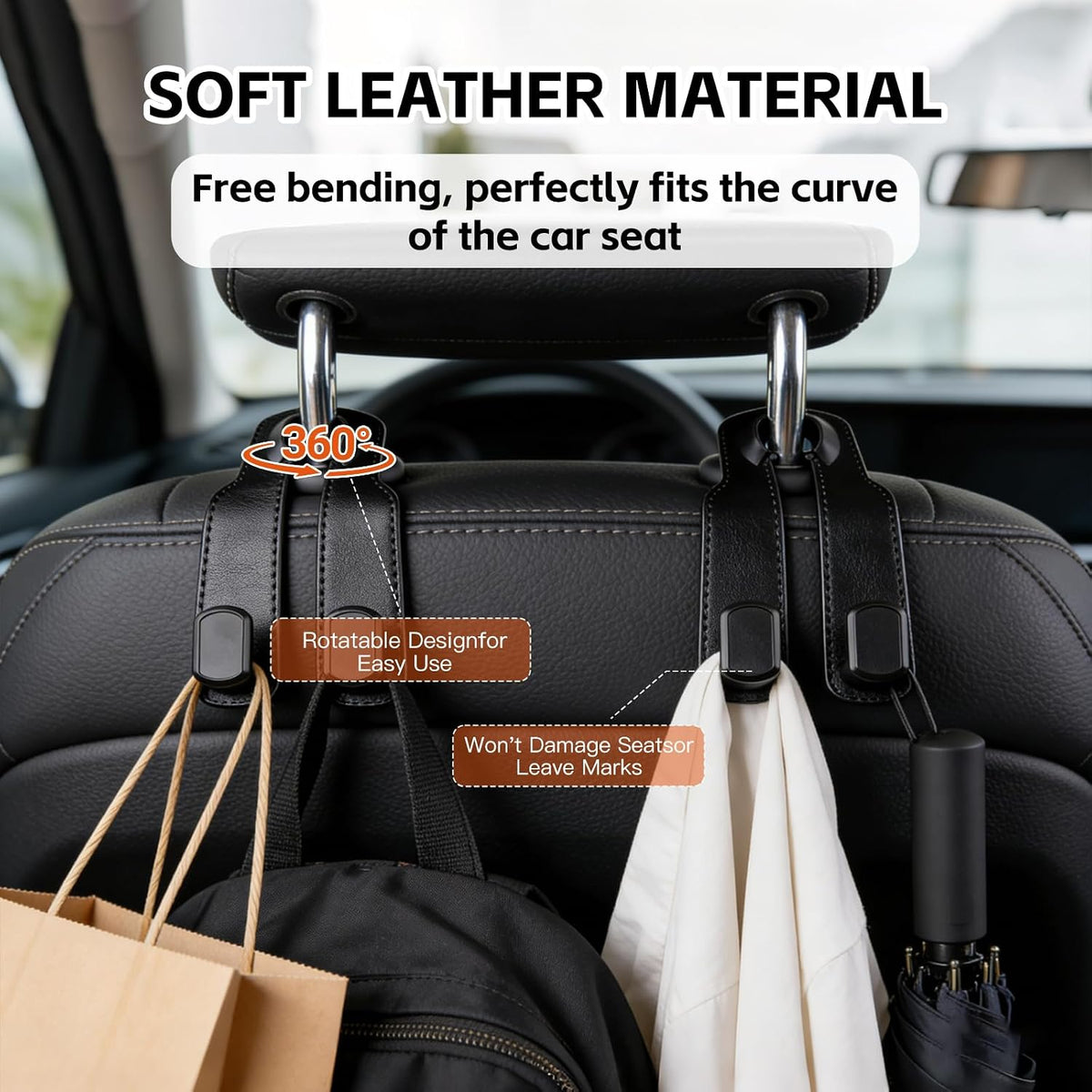 Car Seat Headrest Hooks for Purses and Bags, 4-Pack Heavy Duty Car Seat Hooks with Anti-Slip Pad, Universal Car Backseat Organizer Hanger Accessories for Grocery Bags (Black)