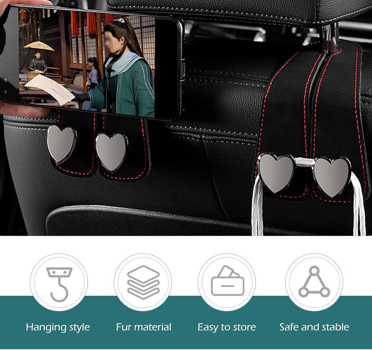 2 PCS Car Purse Hook, Cute Headrest Hooks, Seat Back Storage Holder, for Umbrellas Wallets Support, Multifunctiona Car Accessories (Black)