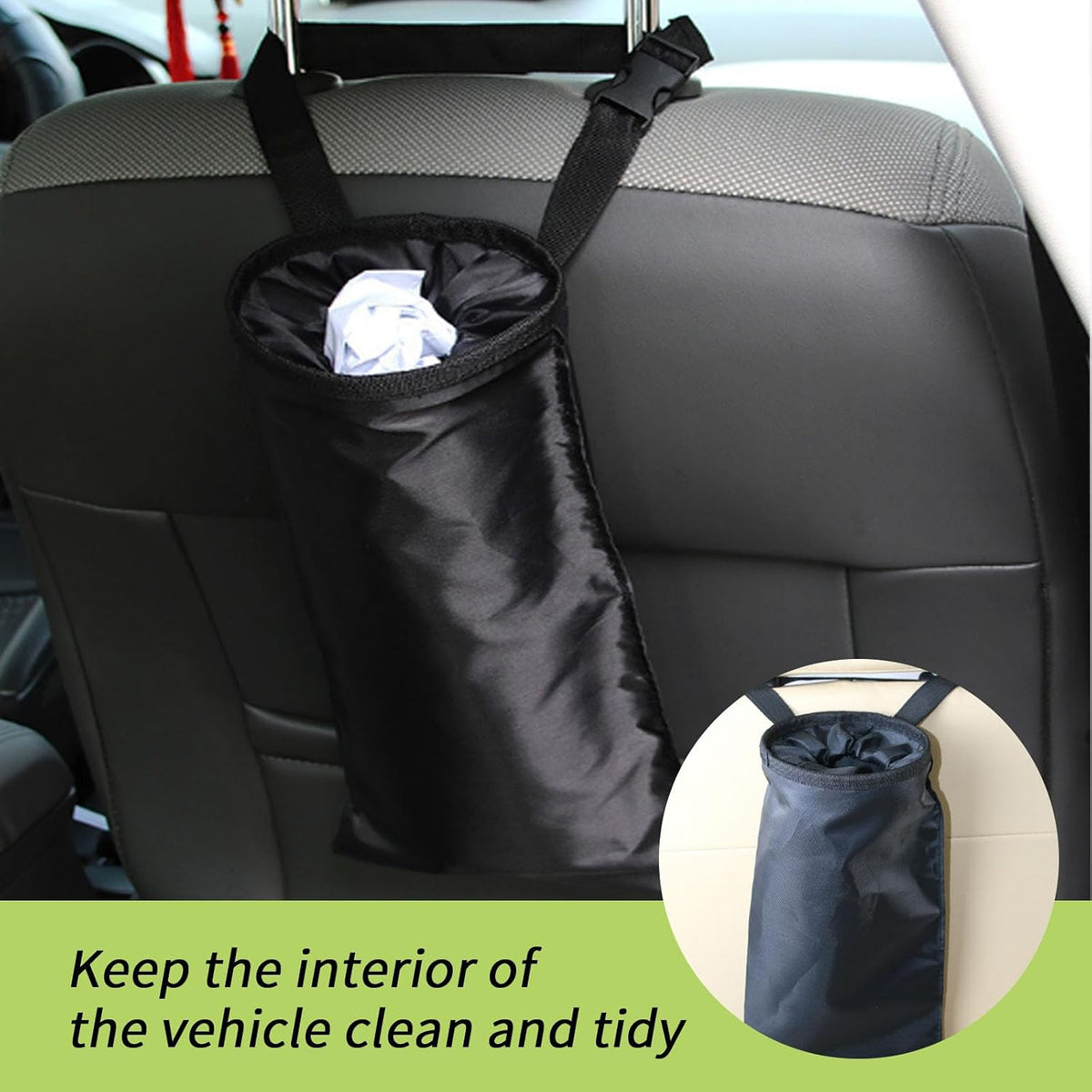 2 PCS Car Trash Bags, Washable Garbage Bag Hanging, Back Seat Hanging Bag with Elastic Opening for Outdoor Traveling & Home Use (Black)