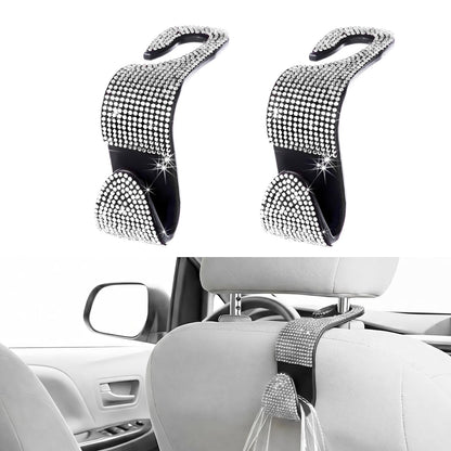 4 PCS Car Seat Headrest Hook, Crystal Rhinestone Seat Hanger Auto Interior Purse Holder, Bling Vehicle Backseat Hangers for Grocery Bags Handbags Coats, Car Accessories (Silver)