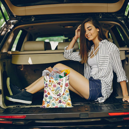 Retro Wildflower Butterfly Print Car Trash Bag Portable Waterproof Hanging Garbage Bag with Snap Buttons Back Seat Rubbish Storage Dustbin for Car Interior Accessories Kitchen Home Travel