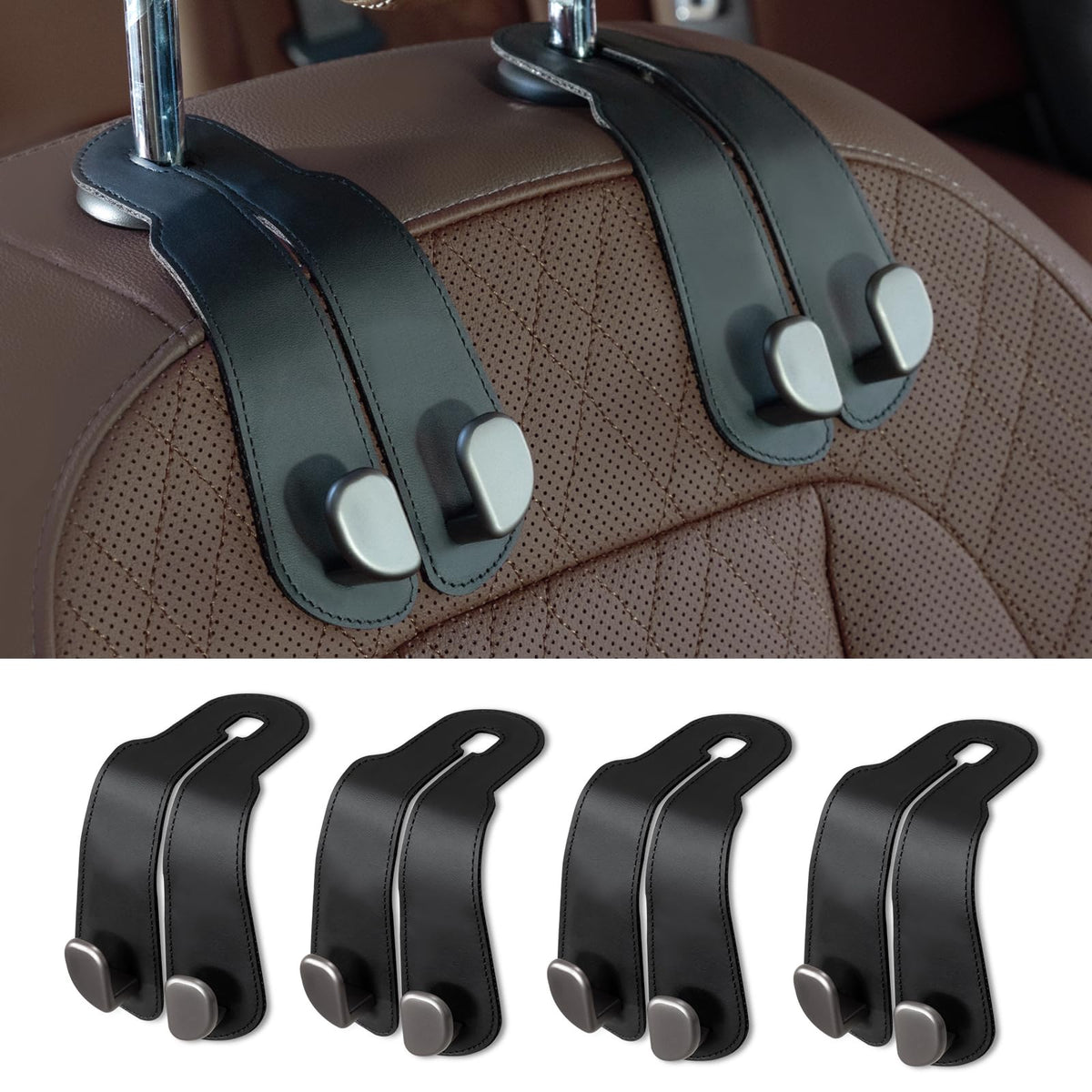 CoBak Purse Hook for Car - Universal Premium Stitched Leather and Aluminum-Magnesium Alloy Double Car Seat Back Storage Hook for Purses, Handbags, Bags (2 Pack),Black