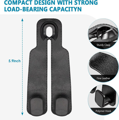 TENOC Car Seat Headrest Hooks, Multifunctional Leather Car Seat Back Organizer Hooks, Heavy Duty Car Interior Storage Accessories for Shopping Bags, Groceries, Clothes, Handbags