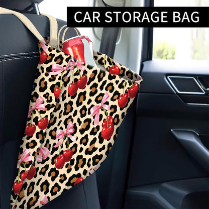 Car Trash Can, Cute Car Trash Bag, Hanging Car Organizer and Storage Bag, Trash Bin for Car Accessories, Vehicle, Travelling, Camping Cute Cherry Leopard Print
