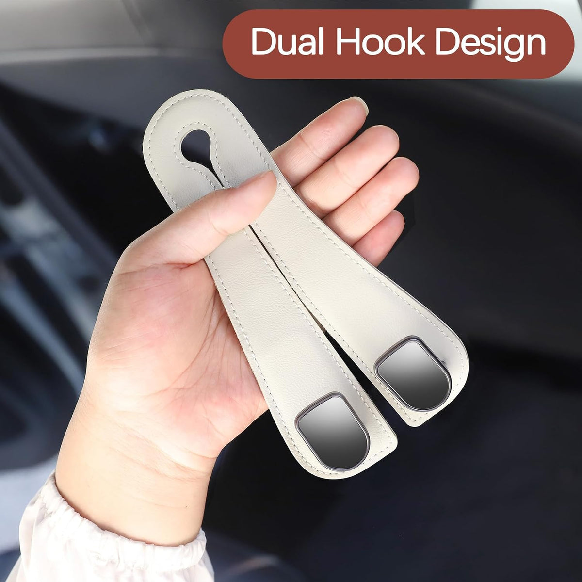 2025 Automotive Seat Back Hooks,Leather Car Seat Hooks,Dual Headrest Organizer Hangers for Purses, Bags & Phones, 2 in 1 Car Headrest Hidden Hook for Tidy Organization,Pack of 2(Ivory White)