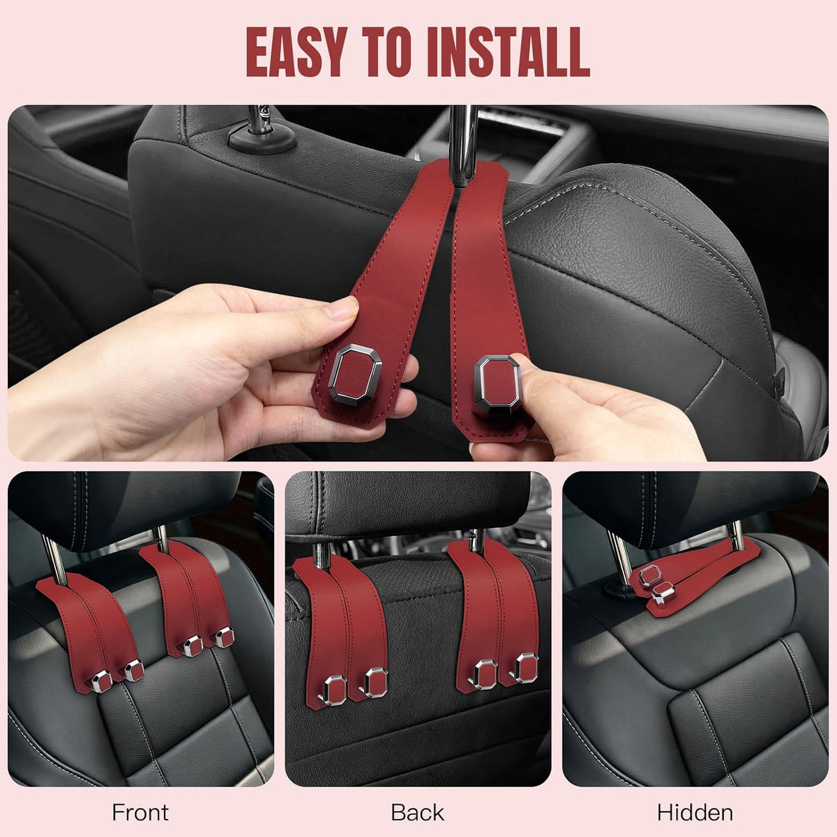 2PCS Car Hooks for Headrest, Faux Leather Purse Hook for Car Seat Back Organizers and Storage, Double Metal Purse Holder Bag Hanger, Universal Car Interior Accessories for Women Man
