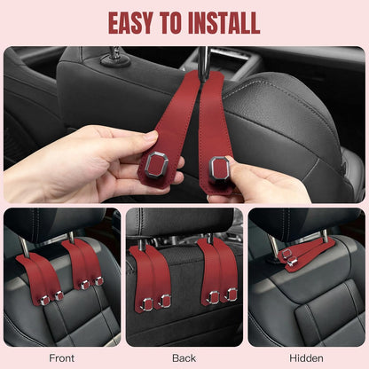 2PCS Car Hooks for Headrest, Faux Leather Purse Hook for Car Seat Back Organizers and Storage, Double Metal Purse Holder Bag Hanger, Universal Car Interior Accessories for Women Man