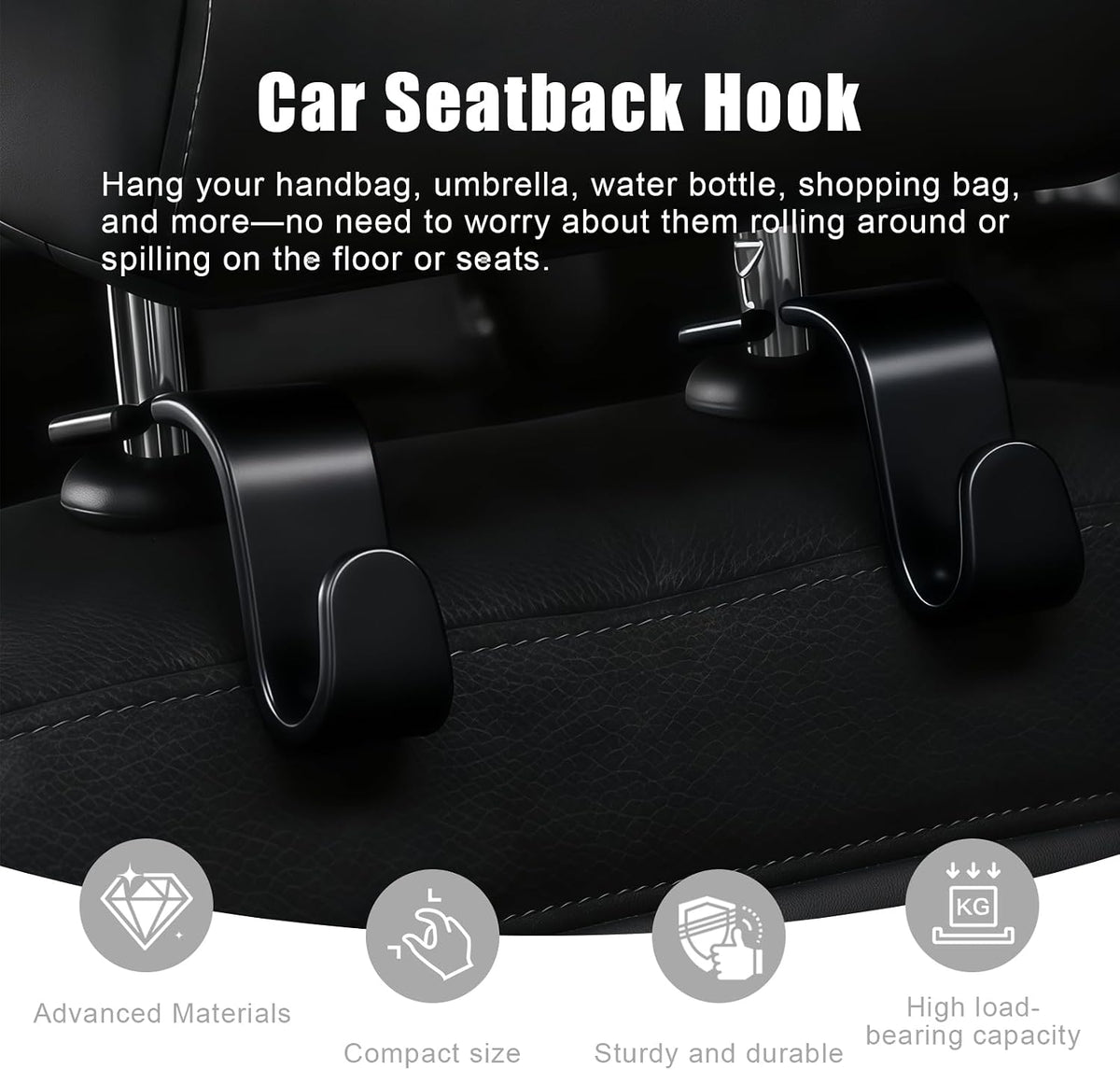 Purse Hook for Car, 4 PCS Car Purse Hook Headrest Hooks, 360° Rotatable Back Seat Storage Organizer, Universal Vehicle Seat Hanger for Purses, Handbags, Grocery Bags, Water Bottles, Black
