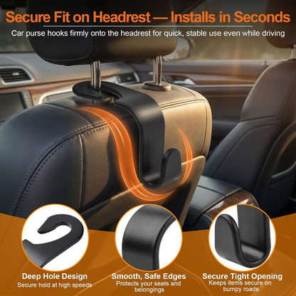 EZ COZY Purse Hook for Car 4 Pack, Deep Anti-Drop Car Seat Hooks for Headrest, Thick ABS Plastic Holds 55 Lbs, Heavy Duty Car Purse Holder & Car Accessories Interior for Handbags, Car Organizer Black