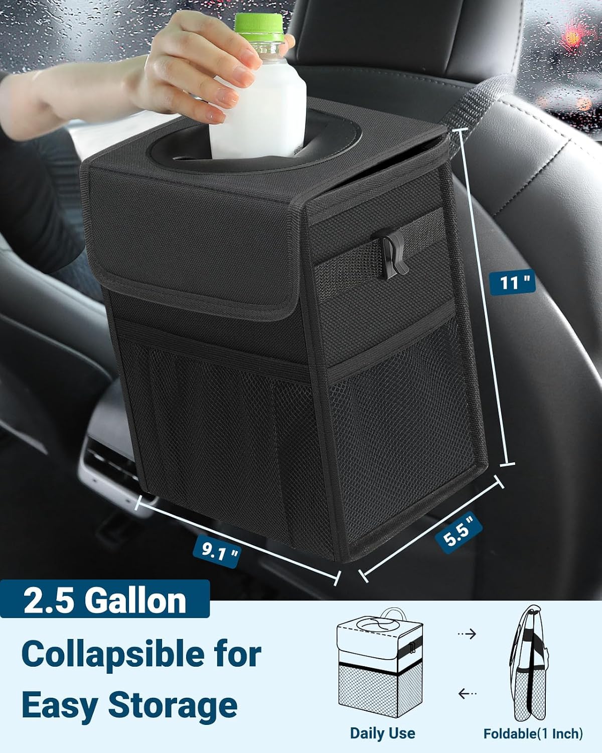 Capolo Car Trash Can with Lid, Leakproof Car Garbage Can Car Trash Bag