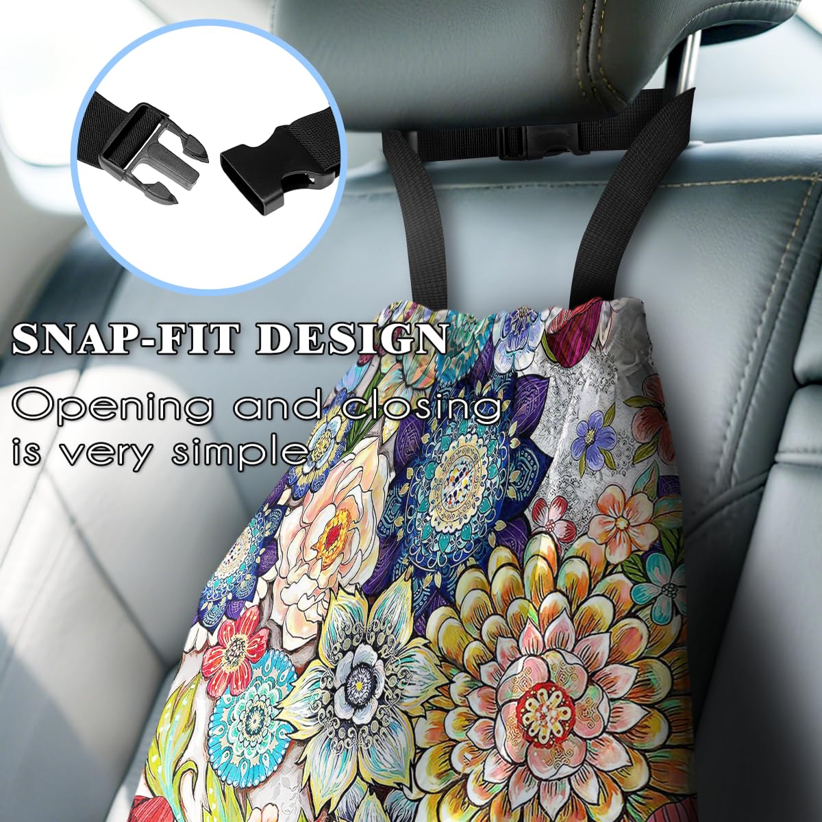 Car Trash Bag Hanging Back of Seat with Adjustable Snap Buckle Strap Cute Printed Drawstring Garbage Bags for Car-Boho Floral