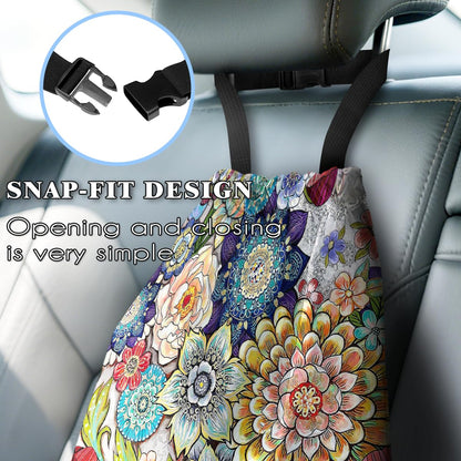 Car Trash Bag Hanging Back of Seat with Adjustable Snap Buckle Strap Cute Printed Drawstring Garbage Bags for Car-Boho Floral