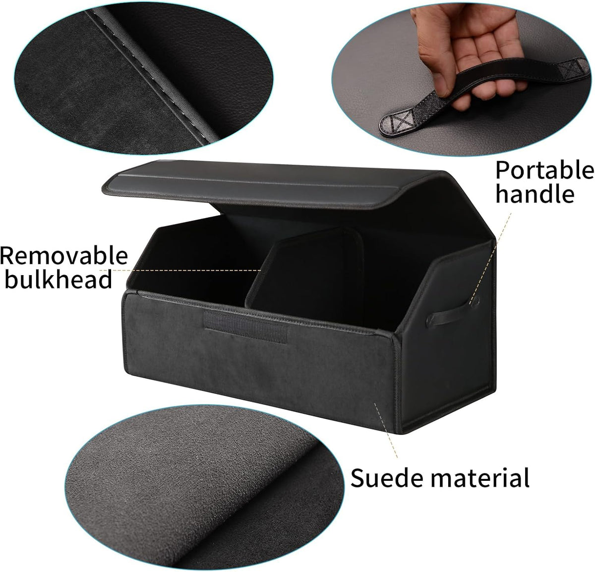 car organizers and storage for SUV,trunk organizer for sedan, leather foldable sleek box with lid,collapsible cargo bins, tool accessories containers,Collapsible Suede velvet (18 inch Covered)