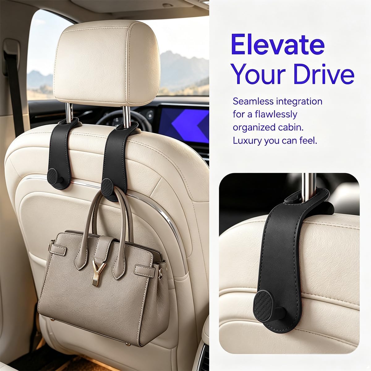 2PCS Car Headrest Hook, Strong Load-Bearing, Hidden Design, Black