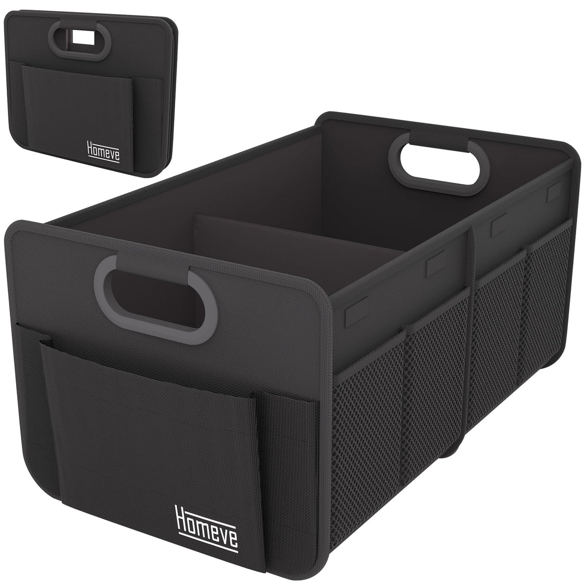 Homeve Car Trunk Organizer for SUV, 18.5Gal Large Capacity No-Sag Heavy Duty, Foldable Waterproof Anti-Slip Storage with 12 Pockets, Fit Sedan,Truck, Universal Car Accessories, Black, Large, 2 Compart