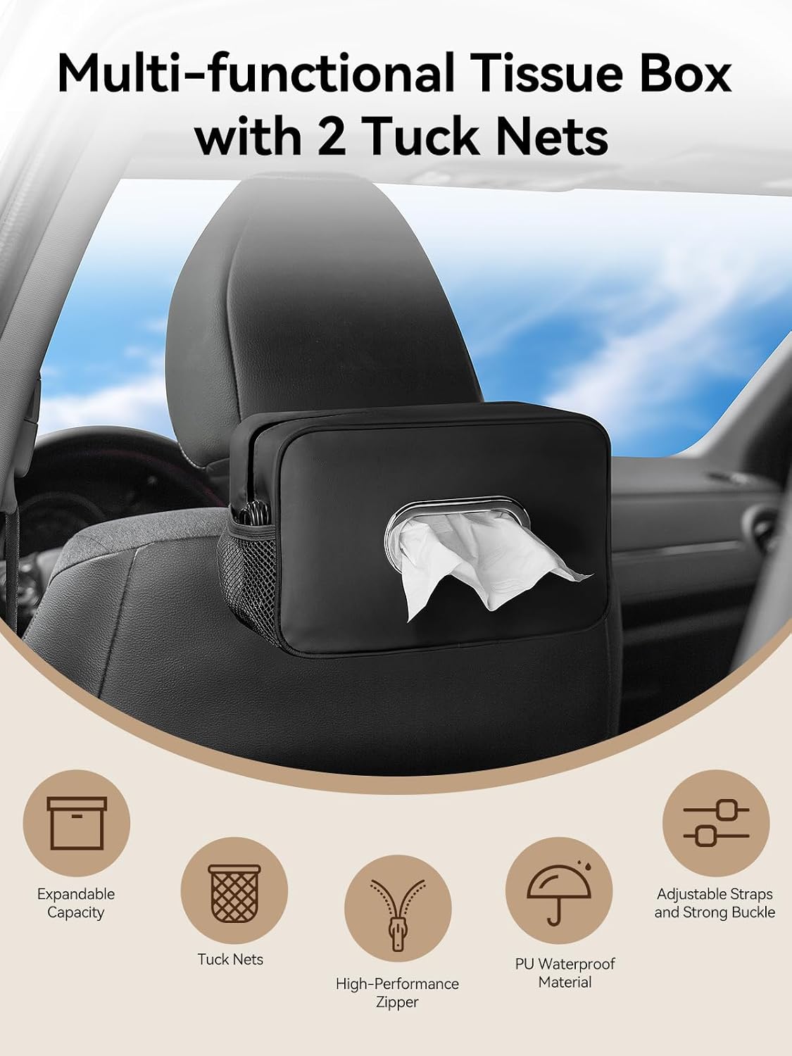 Multi-Functional Car Tissue Holder with ‌2 Storage Nets, Tissue Box Cover