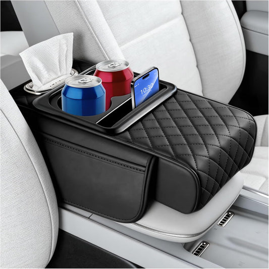 5-in-1 Car Center Console Cover,Leather Car Armrest Cover with Cup Holder/Storage Pocket/Phone Holder/Cars Tissue Holders,Thickened Cars Armrest Storage Box for Relieving Elbow Fatigue (Black)