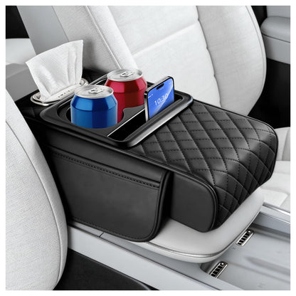5-in-1 Car Center Console Cover,Leather Car Armrest Cover with Cup Holder/Storage Pocket/Phone Holder/Cars Tissue Holders,Thickened Cars Armrest Storage Box for Relieving Elbow Fatigue (Black)