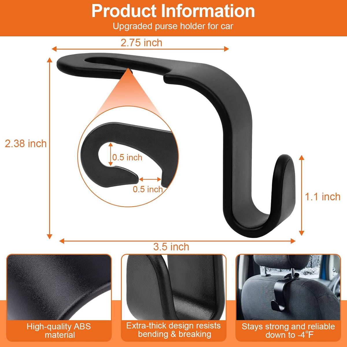 EZ COZY Purse Hook for Car 4 Pack, Deep Anti-Drop Car Seat Hooks for Headrest, Thick ABS Plastic Holds 55 Lbs, Heavy Duty Car Purse Holder & Car Accessories Interior for Handbags, Car Organizer Black
