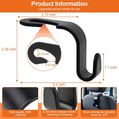 EZ COZY Purse Hook for Car 4 Pack, Deep Anti-Drop Car Seat Hooks for Headrest, Thick ABS Plastic Holds 55 Lbs, Heavy Duty Car Purse Holder & Car Accessories Interior for Handbags, Car Organizer Black