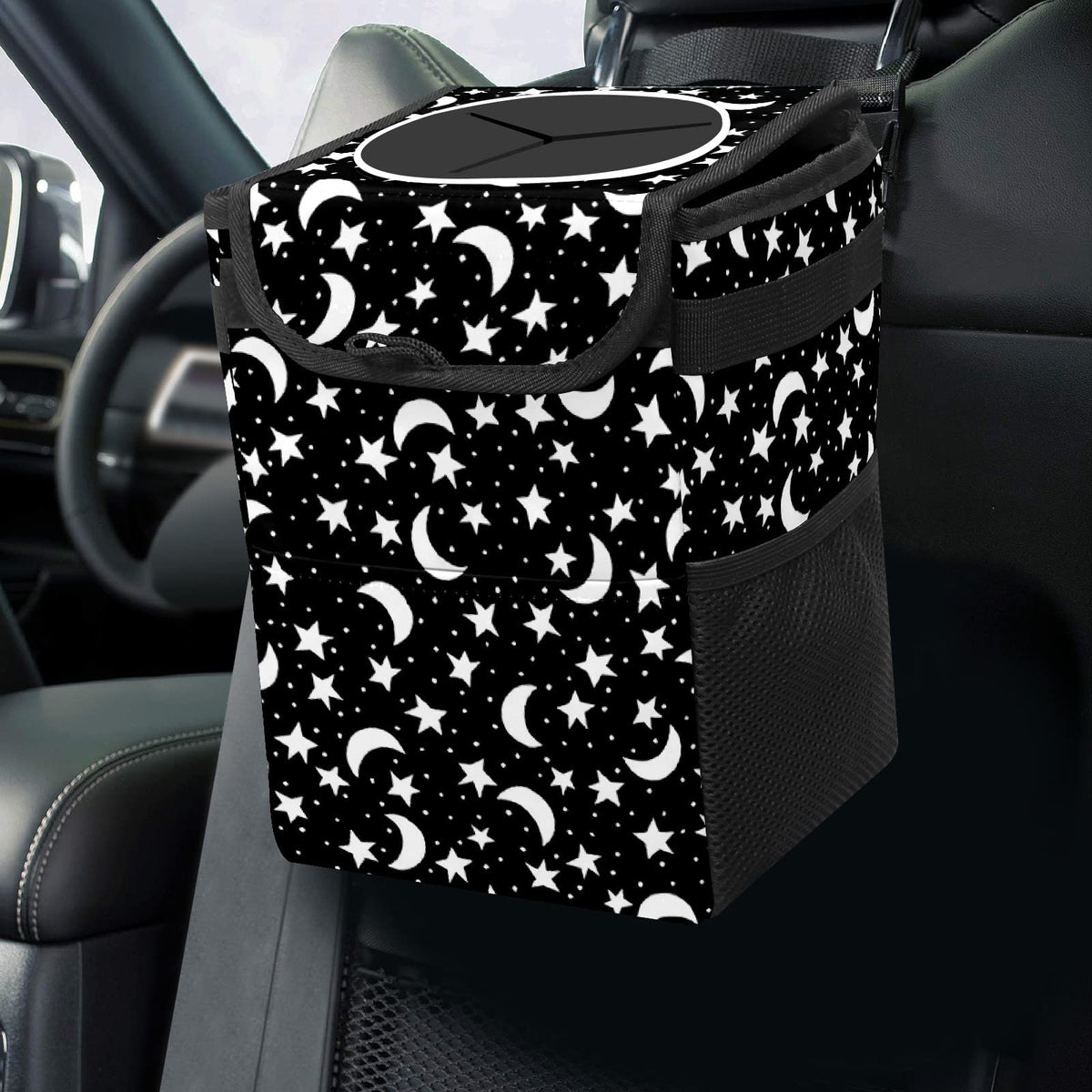 Gothic Moon Stars Boho Car Trash Can with Lid - Collapsible Reusable Waterproof Car Garbage Bag - Organizer