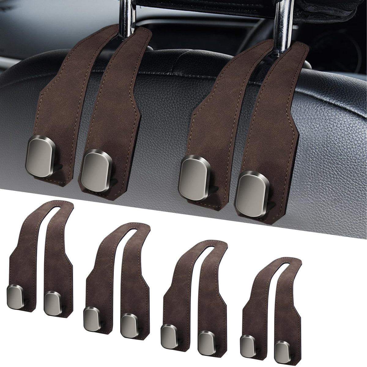 Car Purse Hook, Car Seat Headrest Hooks, Black Leather 2 Pack