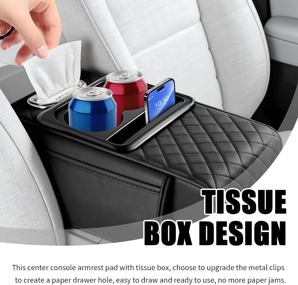 5-in-1 Car Center Console Cover,Leather Car Armrest Cover with Cup Holder/Storage Pocket/Phone Holder/Cars Tissue Holders,Thickened Cars Armrest Storage Box for Relieving Elbow Fatigue (Black)