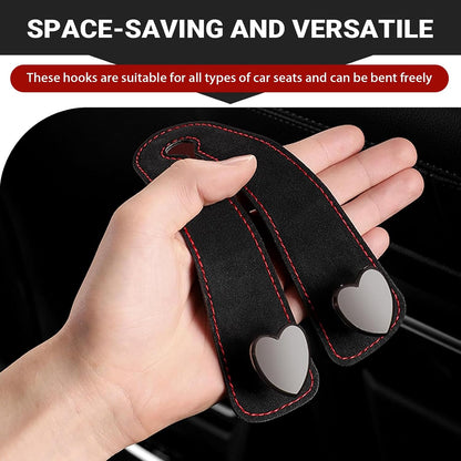 2 PCS Car Seat Headrest Hooks, Suede Cute Heart-shaped Metal Double-ended Purse Hook, Universal Rear Seat Car Kooks, Car Accessories for Women (Black)
