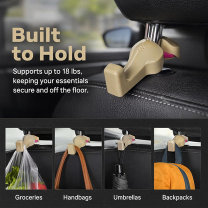 2 PCS Car Back Seat Headrest Hanger, Compact Auto Seat Head Rest Storage Organizer Hanger for Bag Purse Cloth, Universal Headrest Hidden Holder Hook for Most Vehicles (Beige)
