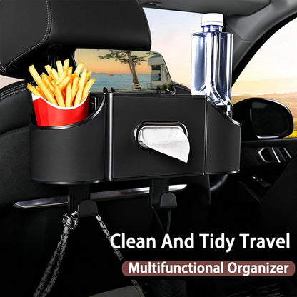 Back Seat Car Organizer,4 in 1 Multifunctional Car Back Seat Storage Box with Drink Cup Holder Tissue Box, for Hold Phone,Snacks, Drinks, Handbag-Black-2Packs