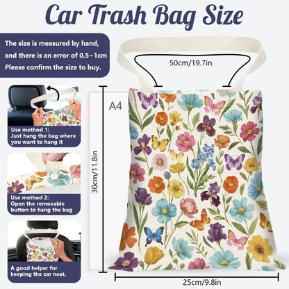 Retro Wildflower Butterfly Print Car Trash Bag Portable Waterproof Hanging Garbage Bag with Snap Buttons Back Seat Rubbish Storage Dustbin for Car Interior Accessories Kitchen Home Travel