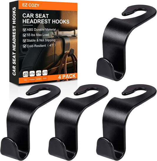 EZ COZY Purse Hook for Car 4 Pack, Deep Anti-Drop Car Seat Hooks for Headrest, Thick ABS Plastic Holds 55 Lbs, Heavy Duty Car Purse Holder & Car Accessories Interior for Handbags, Car Organizer Black