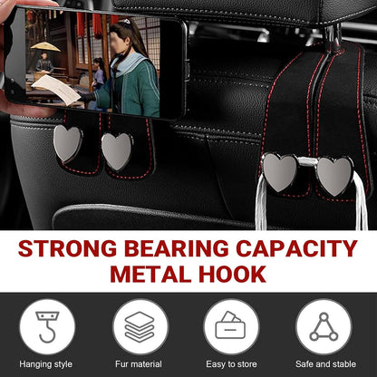 2 PCS Car Seat Headrest Hooks, Suede Cute Heart-shaped Metal Double-ended Purse Hook, Universal Rear Seat Car Kooks, Car Accessories for Women (Black)